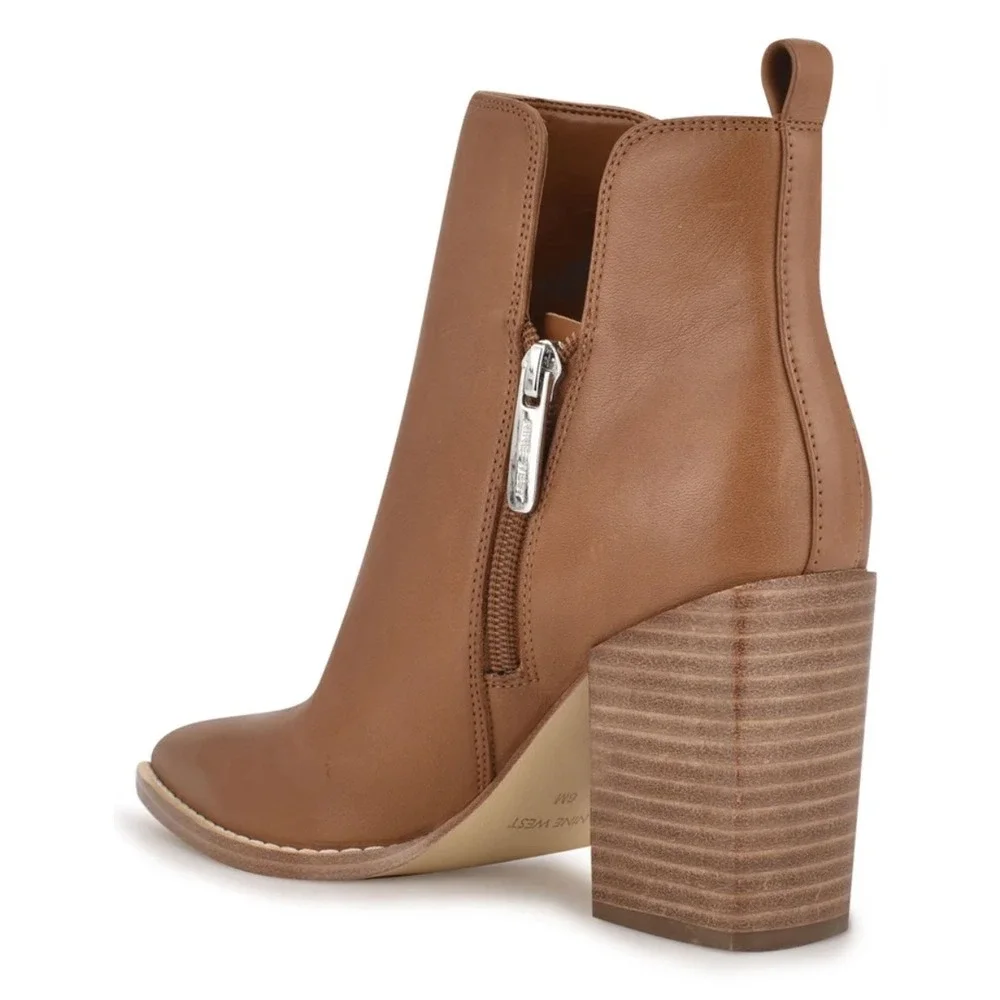 Nine West sz 7.5 Coffee Brown Zip Up Pointed Toe Chunky Heel Boot Chic Fall Edgy - Picture 4 of 15